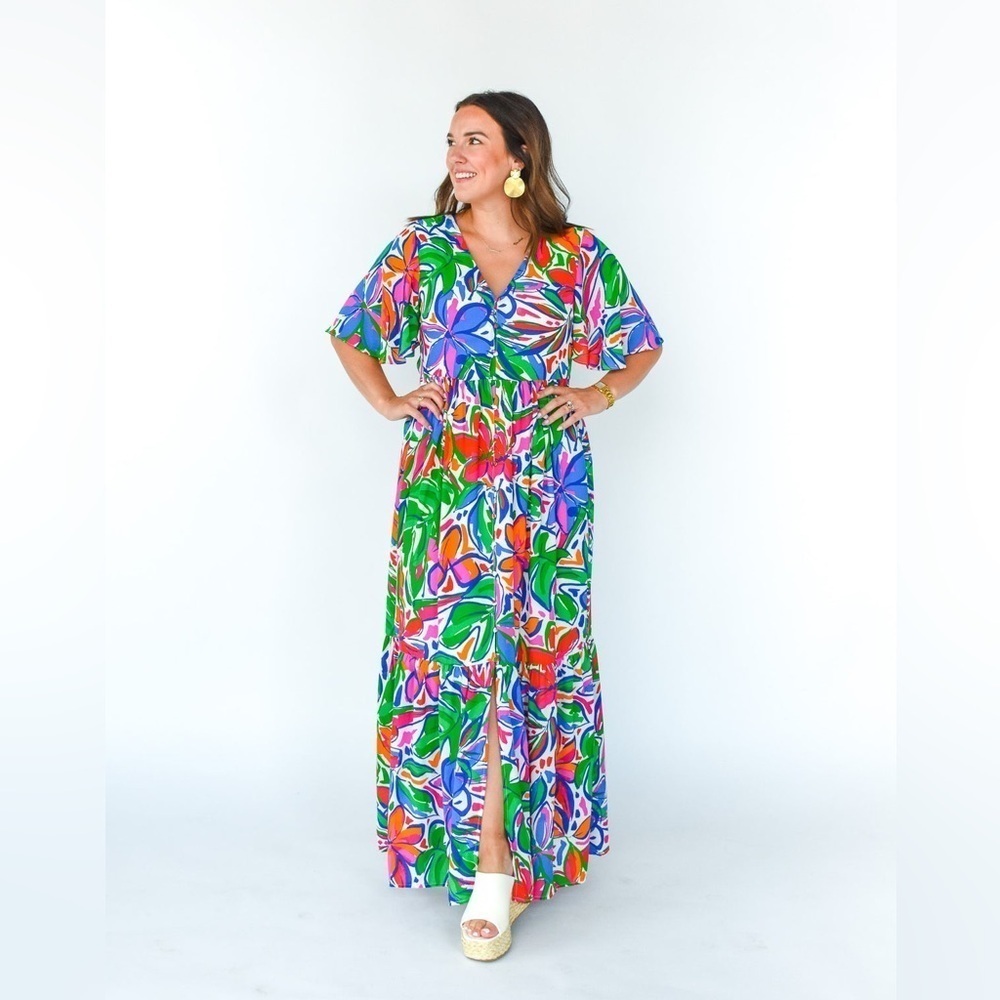 Sugarlips colorful maxi dress Paradise Falls Button Down Flutter sleeve tropical